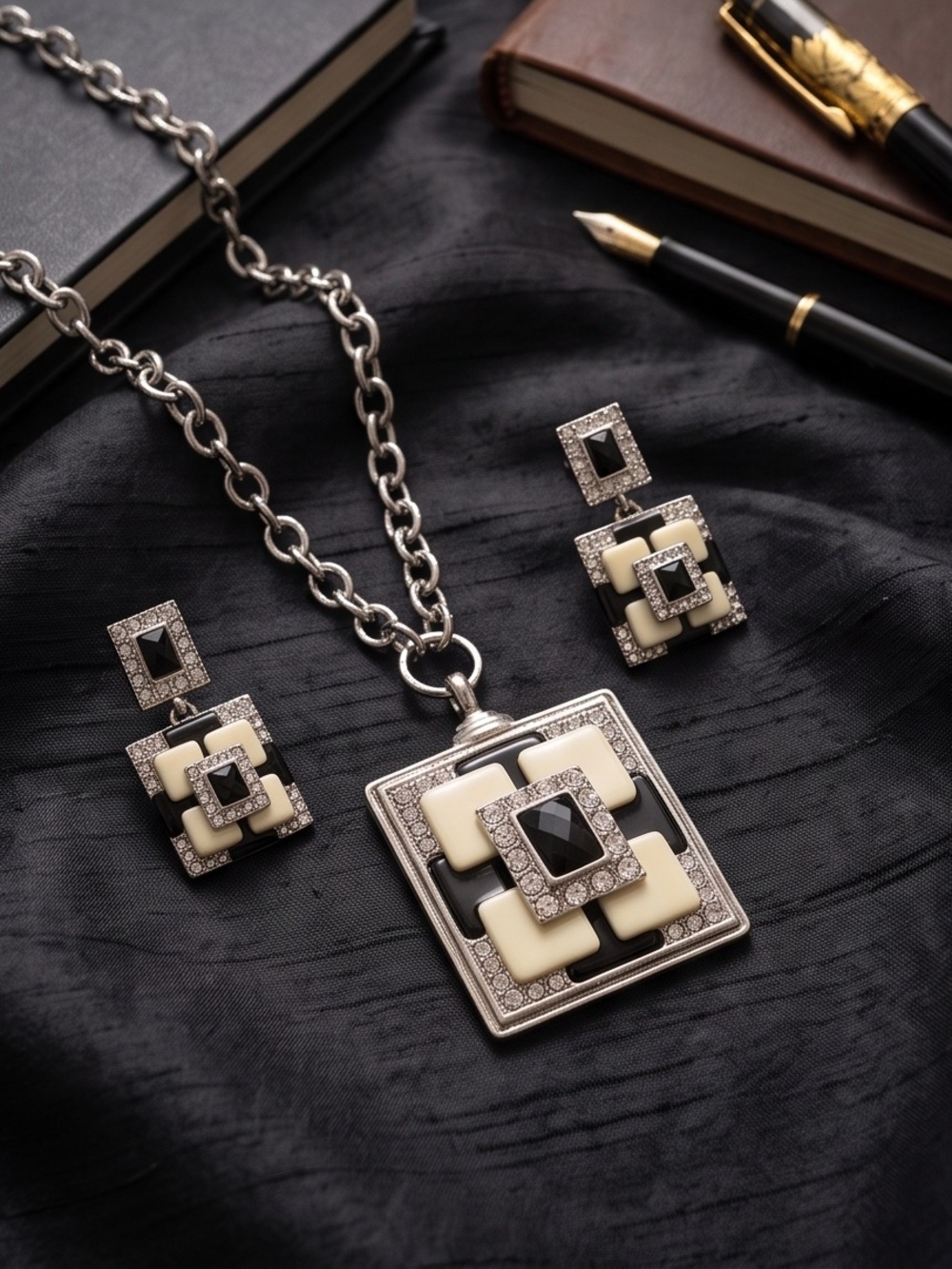 Elegant Black & Cream Geometric Pendant Necklace and Earring Set